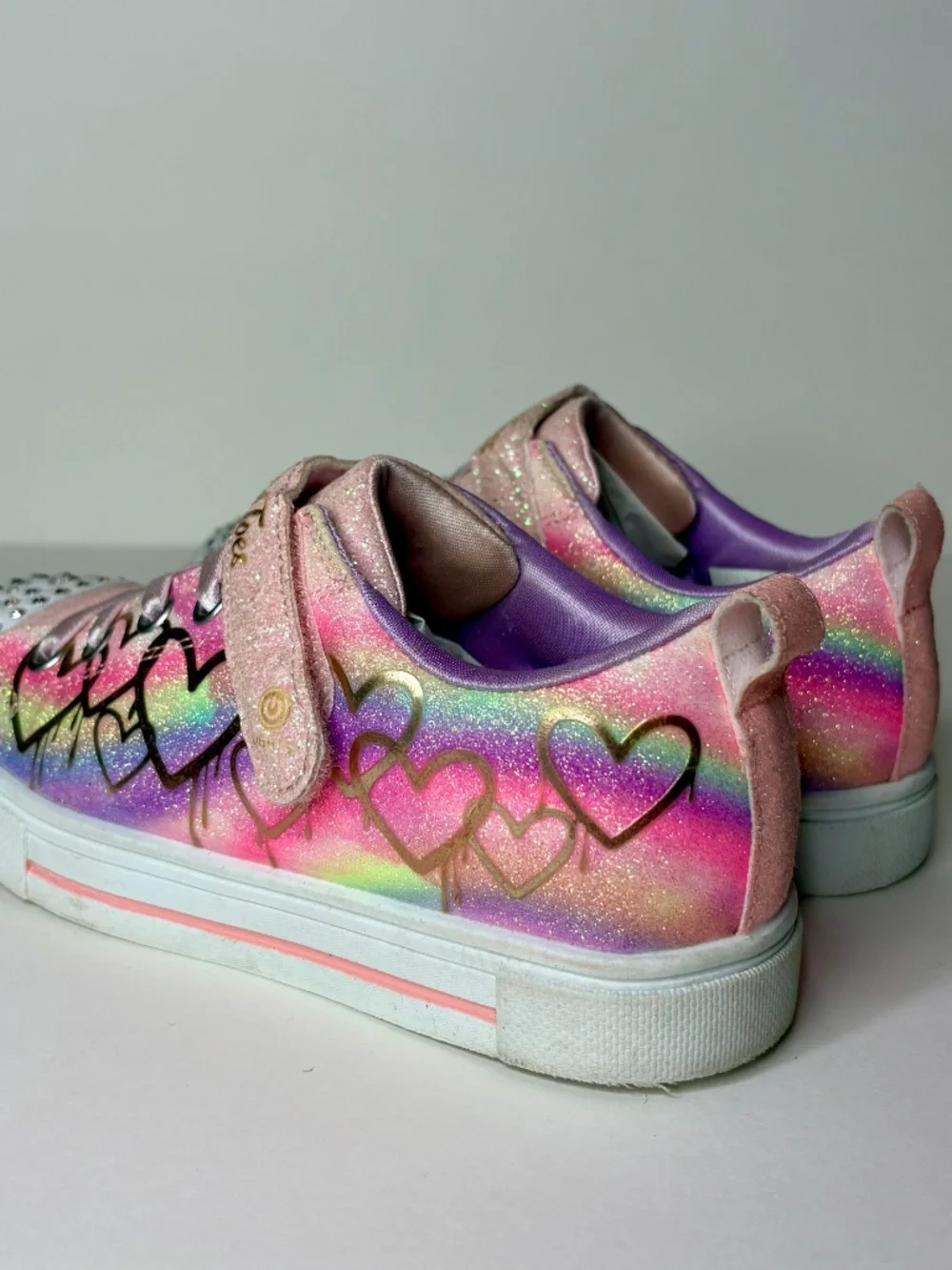 Skechers Twinkle Toes Girls Size 1 Rainbow Heart Glitter Light Up Sneakers